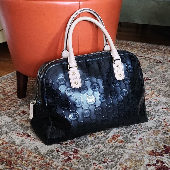 Michael Kors Signature Mirror Metallic Black Logo Satchel - Picture 1 of 16